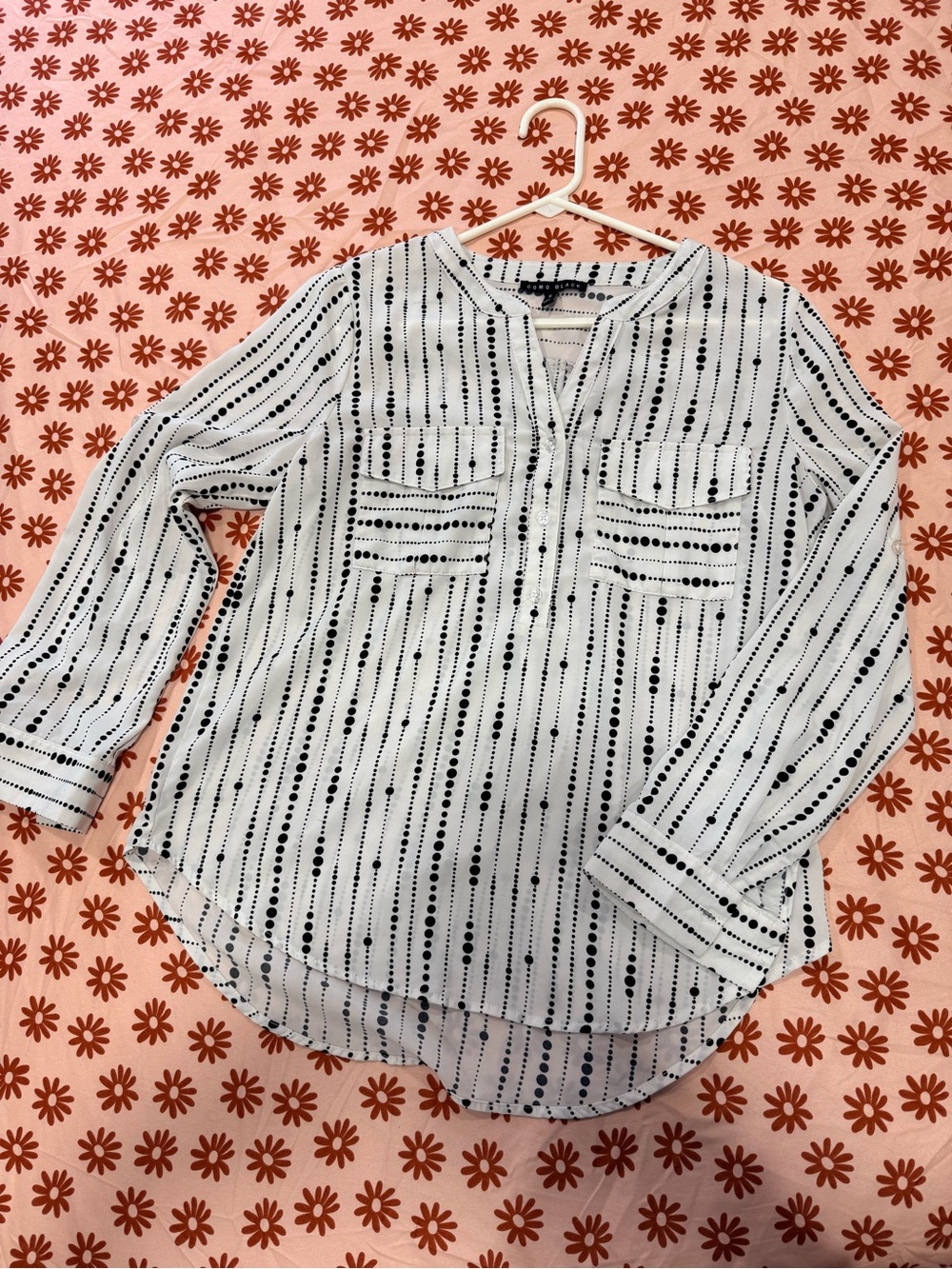 Striped Dot-Print Long-Sleeve Blouse - White/Black